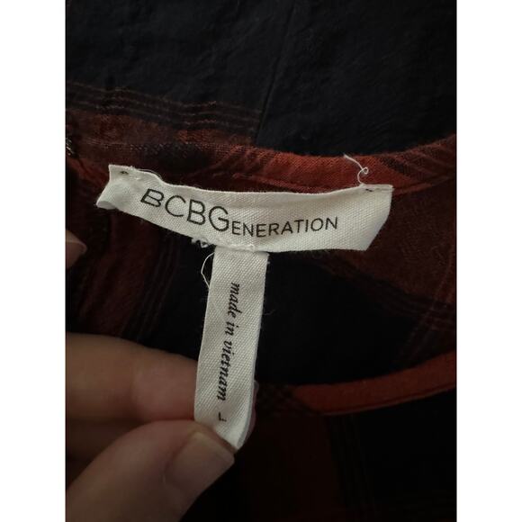 BCBGeneration | Red Black Plaid Long Sleeve Shirt Dress | Size Large - Picture 9 of 11